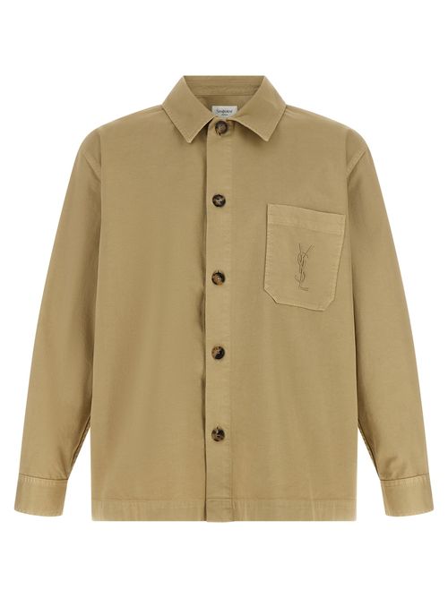 Embroidered Logo Cotton Overshirt — Beige