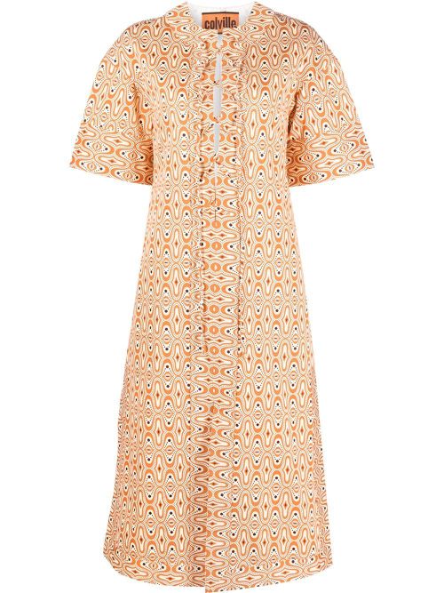 Patterned lace-up midi dress - Orange