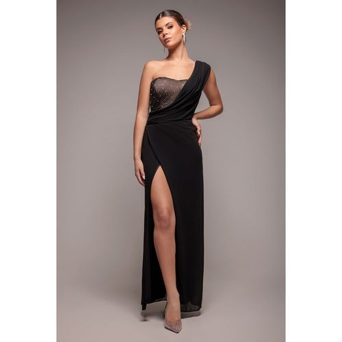 Goddiva One Shoulder Diamante Chiffon Evening Maxi Dress - Black