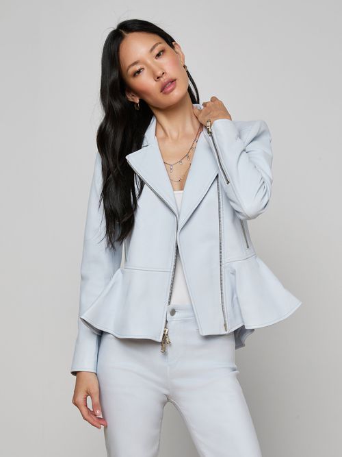 Lyric Peplum Biker Jacket In Pale Mist Blue