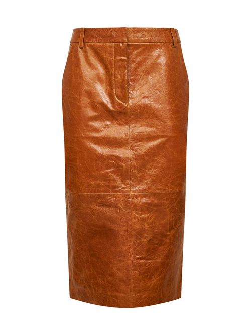 Leather Tailored Pencil Skirt — Cognac
