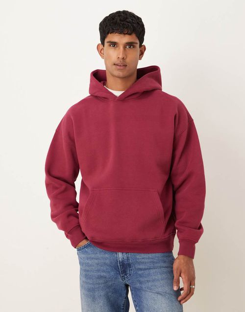 Essential front pocket hoodie in burgundy-Red