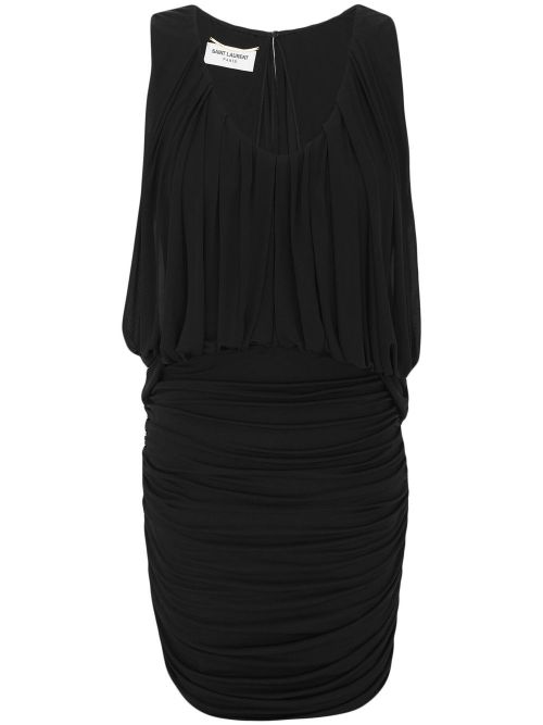 Draped Ruched Jersey Minidress — Black