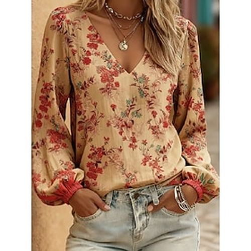 Women's Shirt Print Floral Graphic Bohemia Vacation Vintage Long Sleeve Lantern Sleeve V Neck Regular Tops Casual Daily Holiday Red Camel Summer Spring