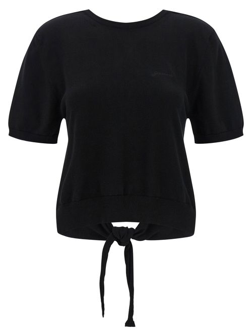 Tie-Front Cotton Sweater — Black