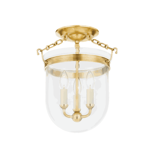 Aged Brass Three Light Semi Flush Mount from the Rousham Collection