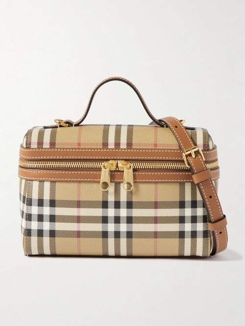 Leather-trimmed Checked Shoulder Bag - Brown