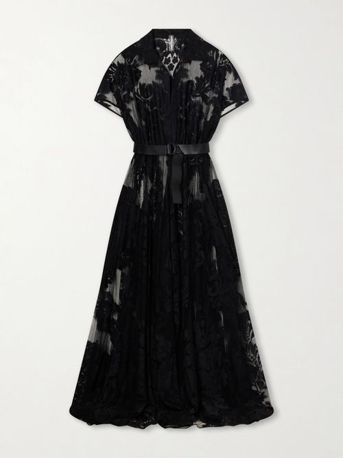 Belted Embroidered Mesh Gown - Black