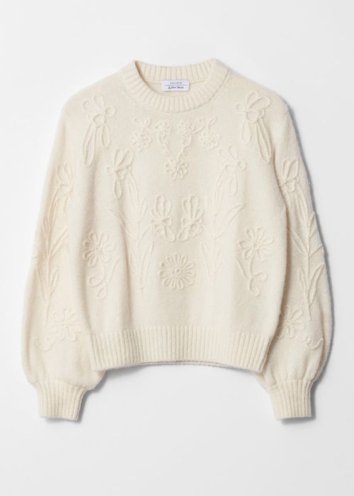 Floral-Appliqué Knit Sweater - White