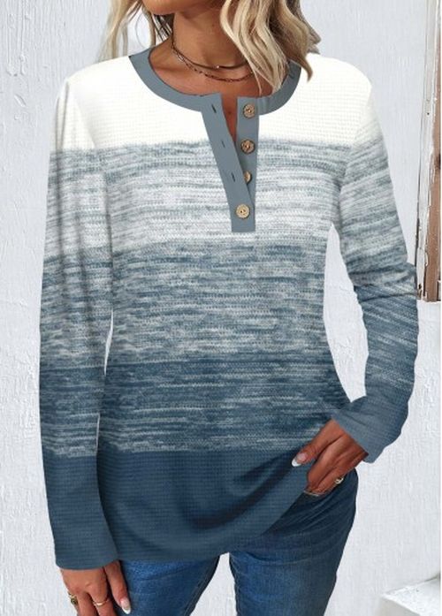 Modlily Dusty Blue Button Long Sleeve Round Neck T Shirt