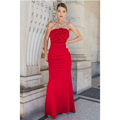 Goddiva Scuba Crepe Bandeau Rose Maxi Dress - Red