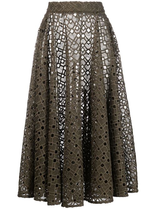 Pleat-detail eyelet-detail skirt - Green