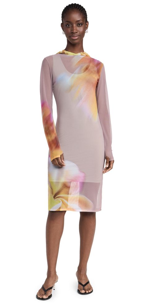 Printed Mesh Midi Dress with Hood Petals and Putty
