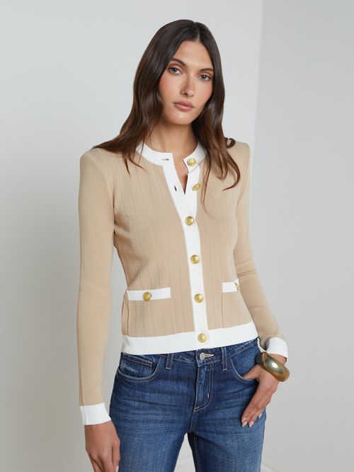 Leon Cardigan In Biscuit/White
