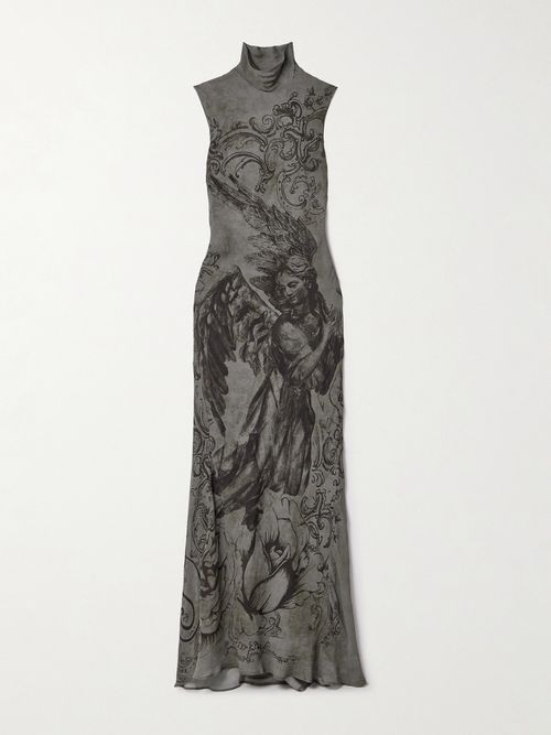 Open-back Printed Georgette Turtleneck Maxi Dress - Gray
