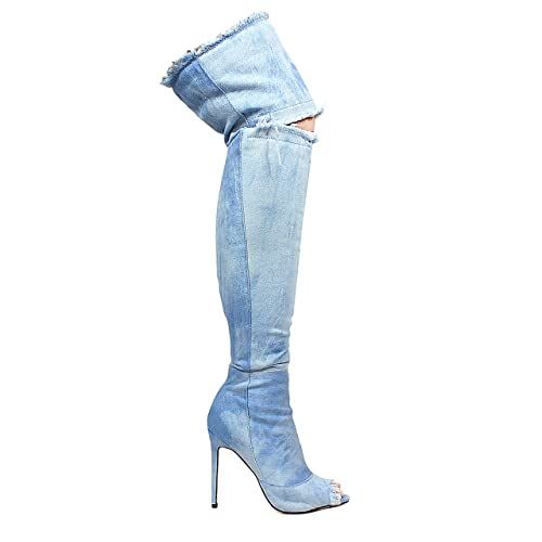 Liliana Barbara-13 Thigh High Over Knee Denim Open Toe Stiletto Heel Boot Dark Blue