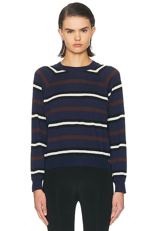 SPRWMN Cashmere Long Sleeve Striped Raglan Tee in Navy & Brown - Navy. XS also in