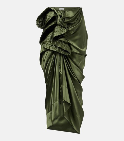 Gathered silk-blend satin midi skirt