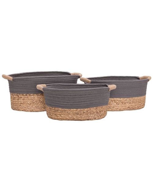 3Pc Natural Hyacinth Grey & Rope Handwoven Basket Set