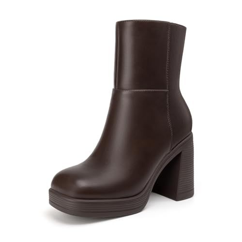 Athlefit Women's High Chunky Heel Platform Ankle Boots Brown