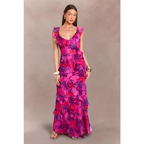 Boohoo Womens Chiffon Ruffle Detail Backless Floral Maxi Dress - Pink