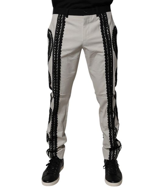 Black Lace-Trim Cotton Trousers — White