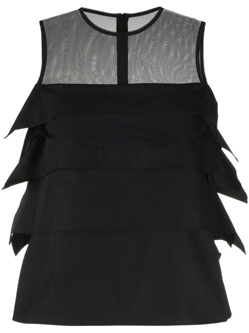 Ruffled sheer-yoke sleeveless top - Black