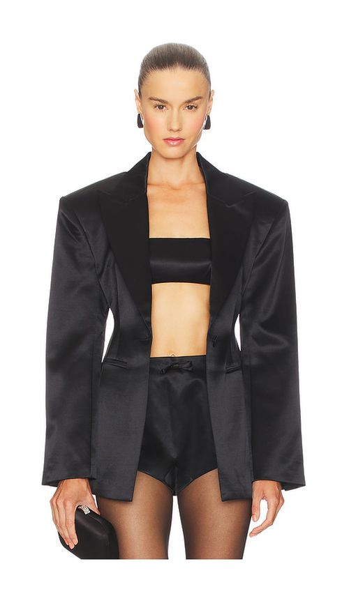 Courtney Zheng Silk Wool Satin Blazer in Black. S also in