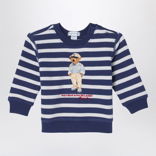 White/navy blue striped sweatshirt with print