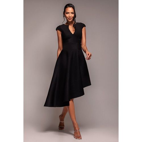Goddiva Cap Sleeve Textured Skater Asymmetric Midi Dress - Black