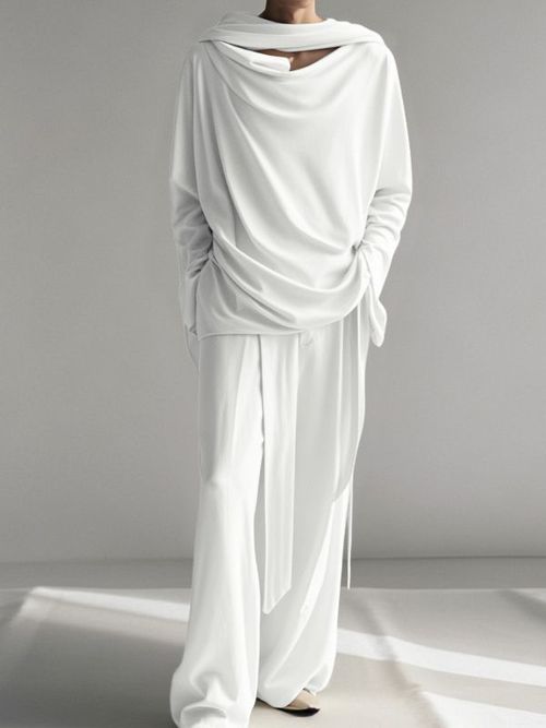 Men's Solid Color Ribbon Cowl Neck Two Pieces Outfit SKUL41313 - White / S