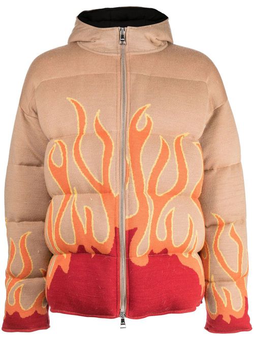 Flame-print knitted puffer jacket - Brown