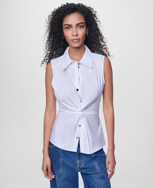 Women's Sleeveless Collared Twist Front Button-Up Shirt - White