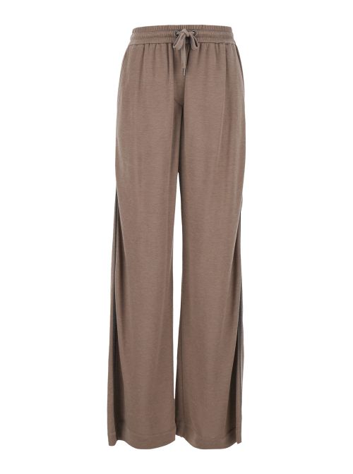 Wide-Leg Cotton-Silk Blend Trousers — Brown