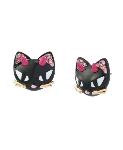 Faux-Stone Halloween Devil Cat Stud Earrings - Black