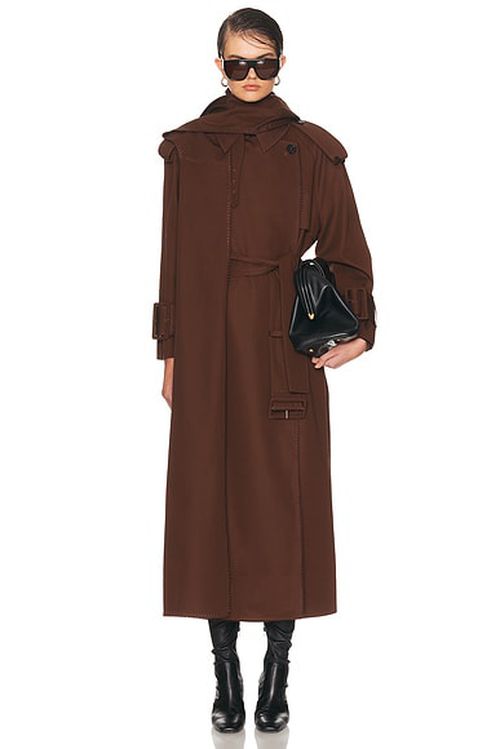 Mimchik Hooded Scarf Trench Coat in Chocolate - Chocolate. L also in