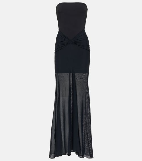 Tulle-trimmed ruched bustier gown