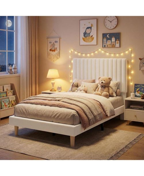 Upholstered Platform Bed with Adjustable Tufted Headboard and Slat Support - Beige/Khaki