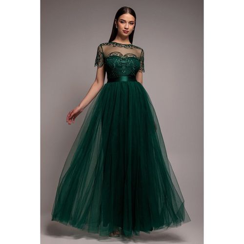 Goddiva Embroidered Mesh Maxi Dress - Emerald Green