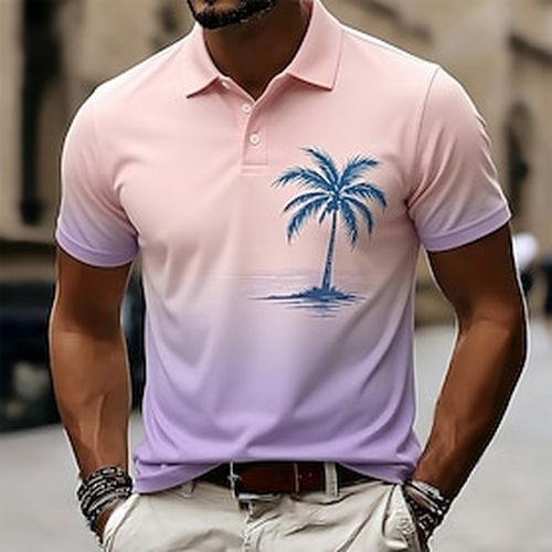 Men's Ombre Palm Tree Hawaiian Polo Shirts Short Sleeve Polo Shirts Collared Shirts Casual Athleisure Vacation Wear 3D Print Buttons Breathable Mesh Spring Su