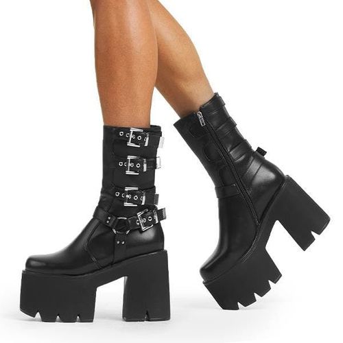 Lamoda Vibetech Women Chunky Platform Calf Boots BlackPU Stylish High Hee