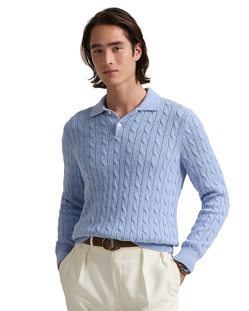 Cable Knit Cotton Polo Collar Sweater