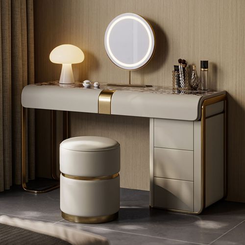 Modern Grey Makeup Vanity Set with Side Cabinet Dressing Table with Mirror & Stool