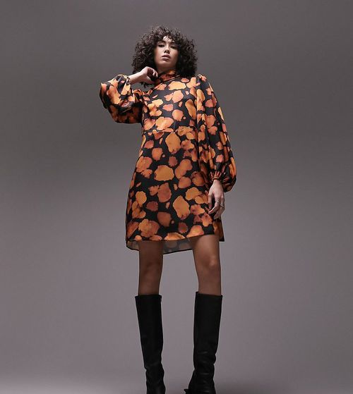 Topshop Tall bell sleeve printed mini dress in multi