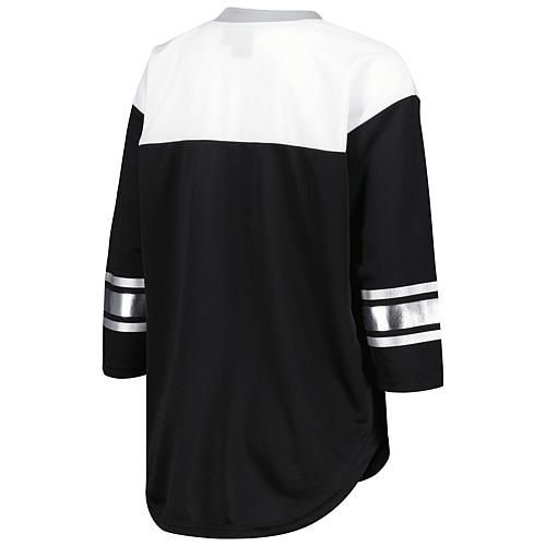 Women's G-III 4Her by Carl Banks Black/White Las Vegas Raiders Double Team 3/4-Sleeve Lace-Up T-Shir