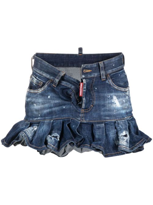 Distressed-effect pleated denim skirt - Blue