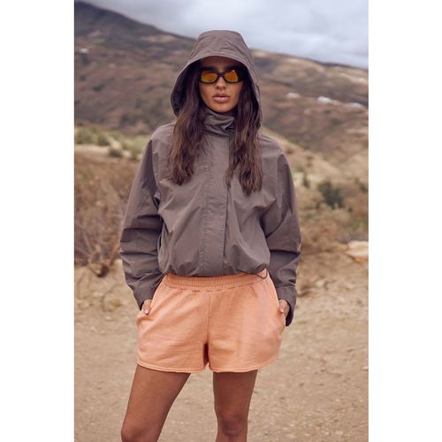 DSGN Studio Womens Funnel Neck Hooded Waterproof Windbreaker - Dark Brown Nylon