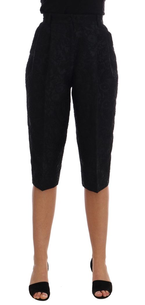 Black Floral Brocade Capri Shorts — Black