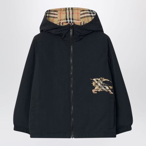 Reversible check hooded nylon jacket in sand
