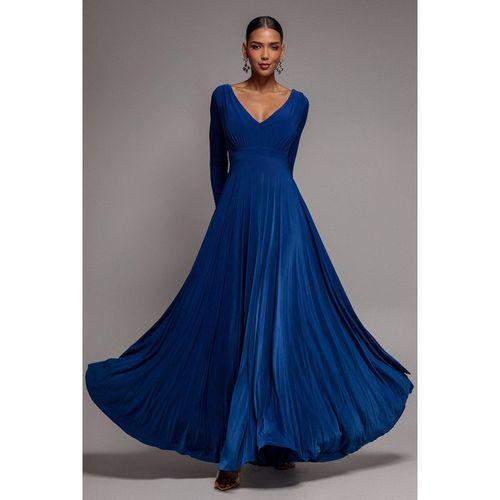 Goddiva Plunge Neck Long Sleeve A Line Maxi Dress - Royal Blue